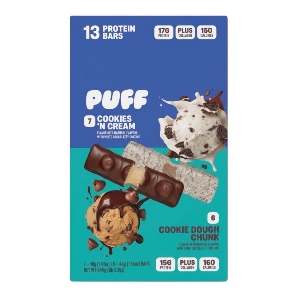 Puff Protein Bars,7 Cookies N' Cream, 6 Cookie Dough Chunk Flavor 17g Protein, Gluten Free, 19.2 oz 13 Variety Pack.