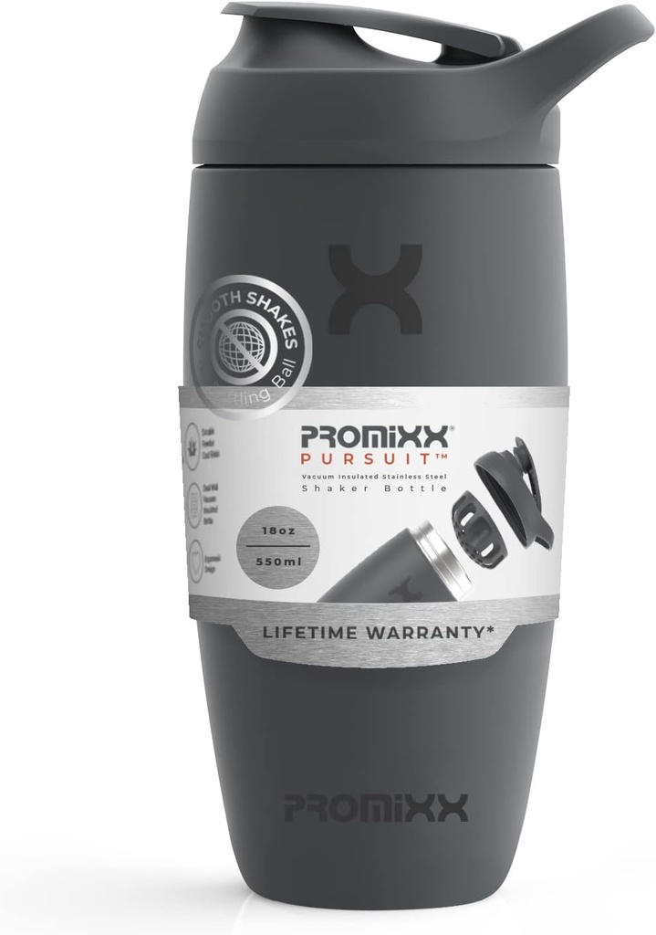 Promixx Pursuit Shaker Flaske Isoleret rustfrit stål Vandflaske og shaker Cup, 18oz, Graphite Gray