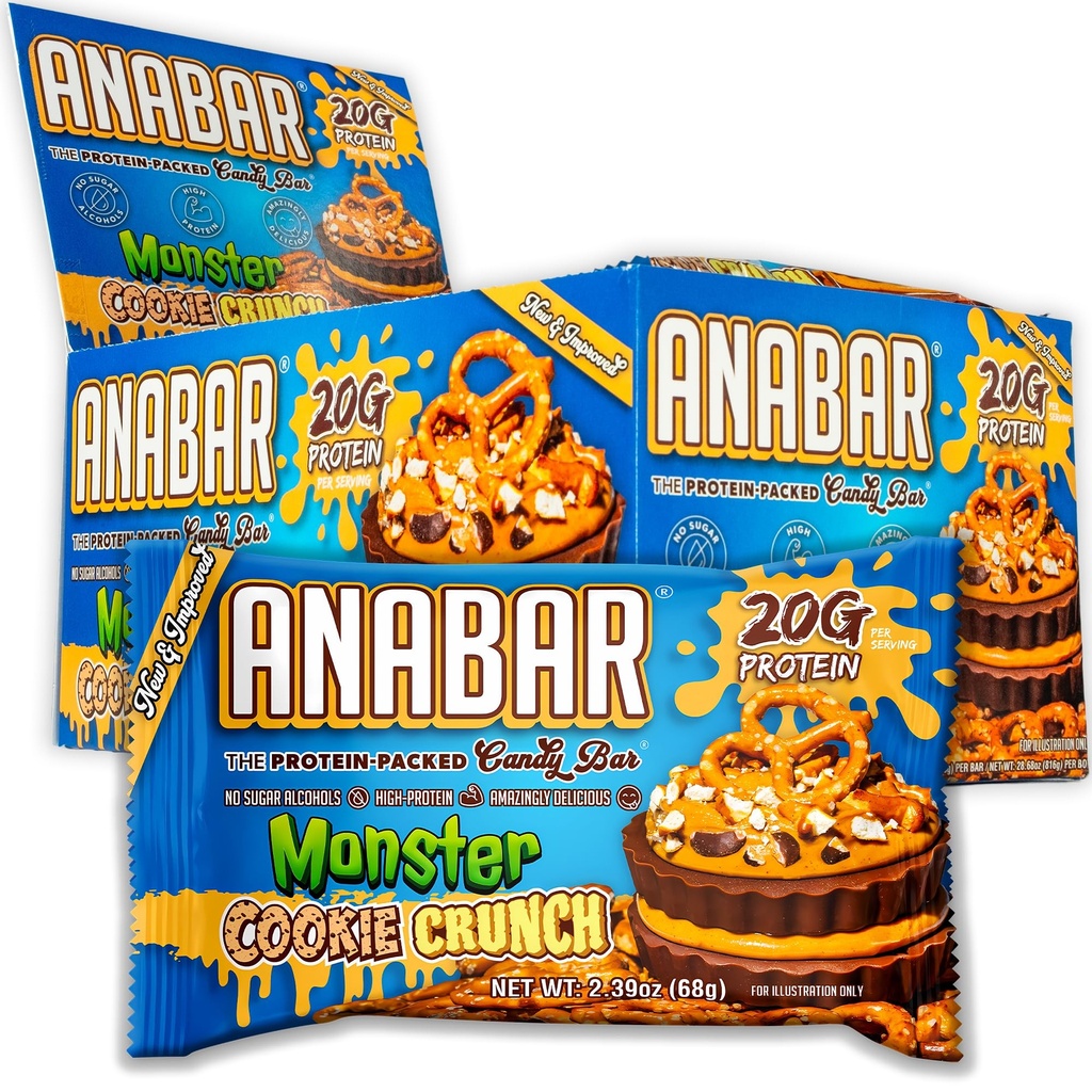 Anabar Protein Bar, The Protein-Packed Candy Bar, Amazing Tasting Protein Bar, No Sugar Alcohols, High Protein, Amazingly Delicious, 20 Grams of Protein (12 Bars, Monster Cookie Crunch)