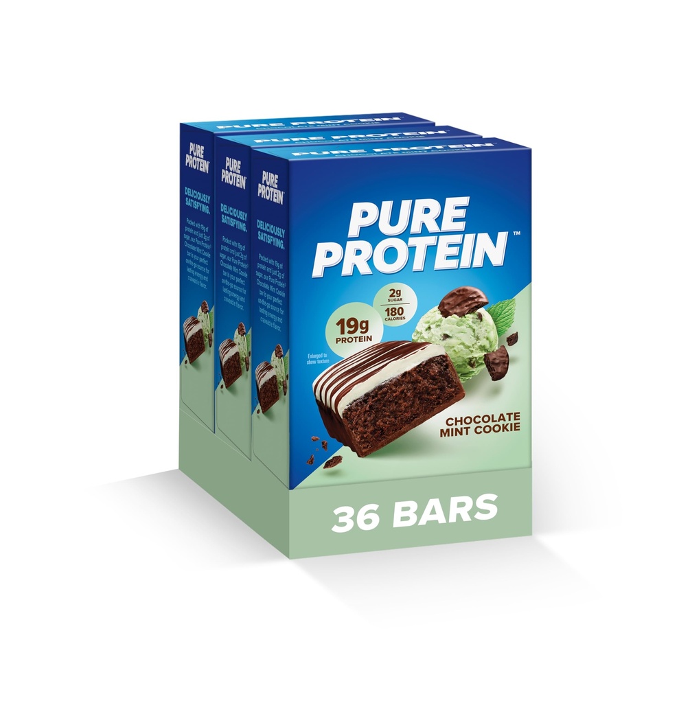 Pure Protein Chocolate Mint Cookie Protein Bars – 20g Protein, 3g Sugar, 190 Calories (36 count) Low Sugar* High Protein Snack - Gluten Free - Perfect for a Healthy Snack