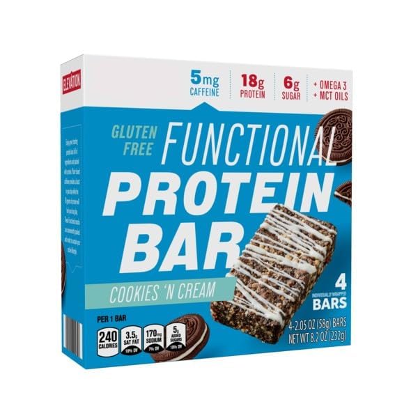 Cookies & Cream High 18g Protein Bar, Low Carb MCT Oil Energy Food, Pre Post Workout Replacement Meal Snack Snacking Gluten Free Keto, 8.2oz Elevation Box