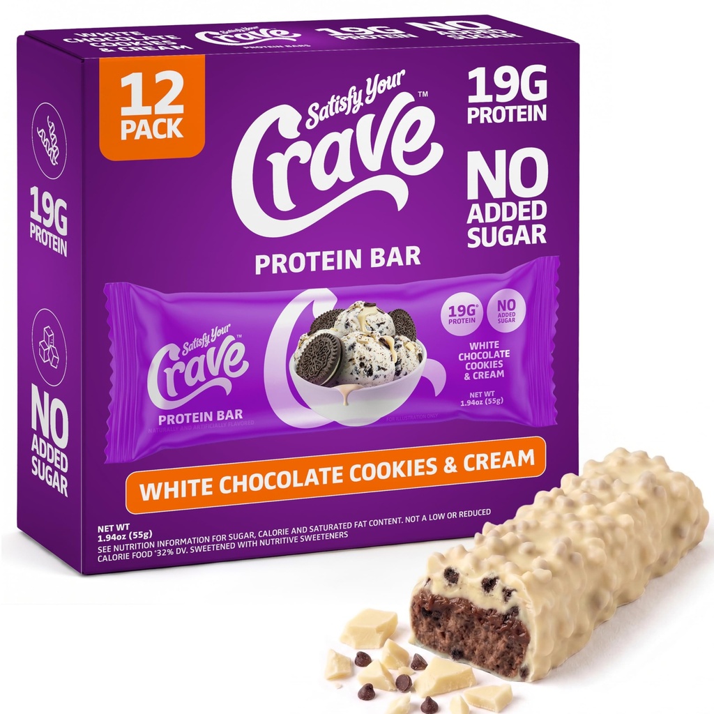 Satisfy Your Crave Protein Bars– High Protein Delicious Snacks– 19g of Protein, No Added Sugar– White Chocolate Cookies & Cream– Perfect Breakfast, On-the-Go Snack, Pantry Staple & Office Treat– Non-GMO, 12 Pack
