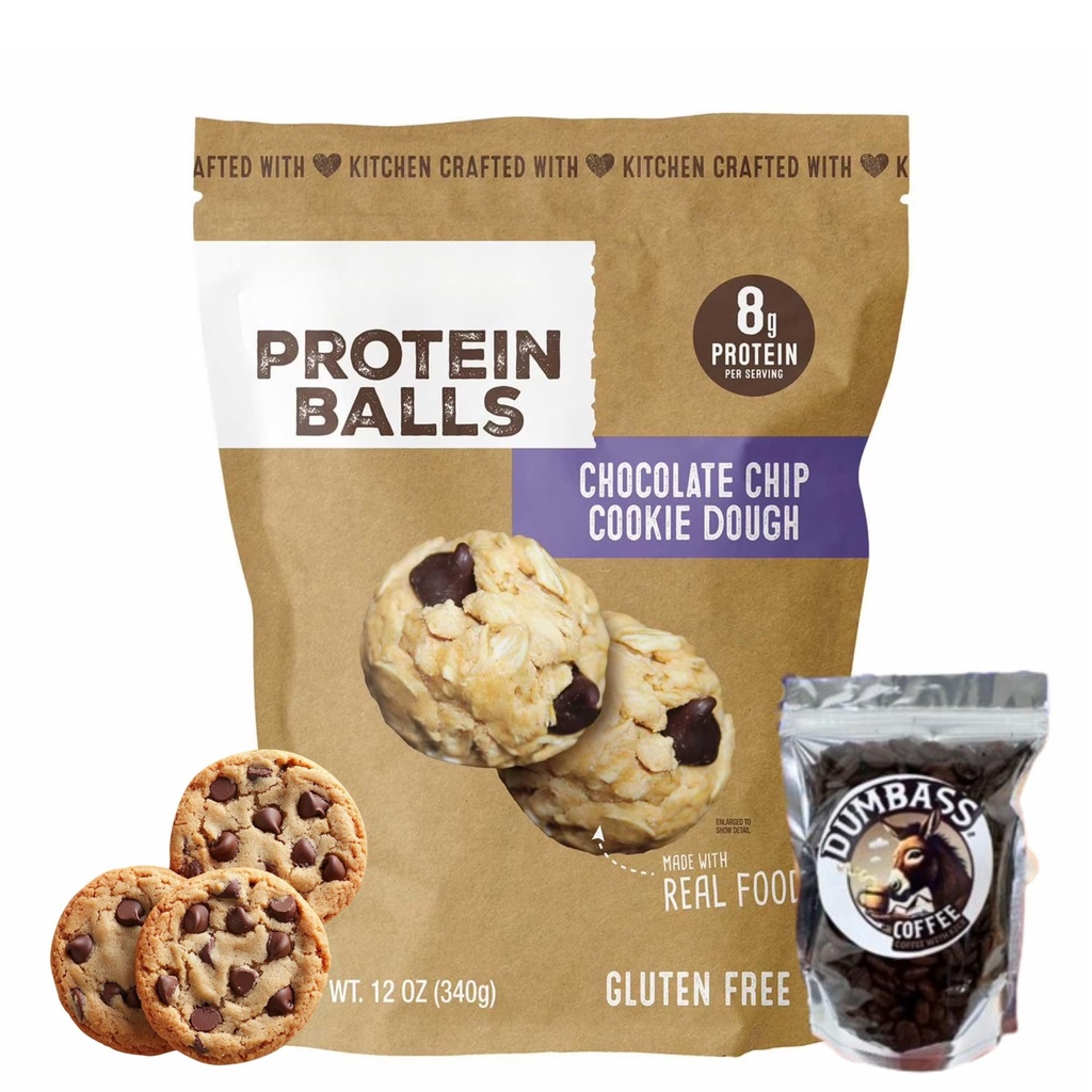 Chocolate Chip Cookie Dough Protein Balls 12 oz, High Protein Snack Bites, Soft Chewy Energy Snack with Dumbass Coffee Whole Coffee Bean 1 oz Medium/Dark (Chocolate Chip Cookie Dough) Coffee