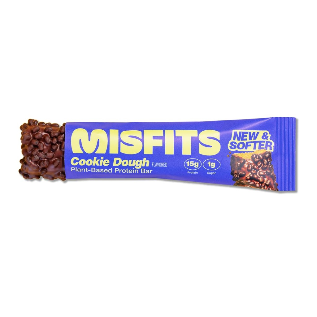 Misfits High Protein Bar, Cookie Dough, Gluten Free, Non GMO, Plant Based Vegan Protein Bar, Low Sugar, High Fiber Snack