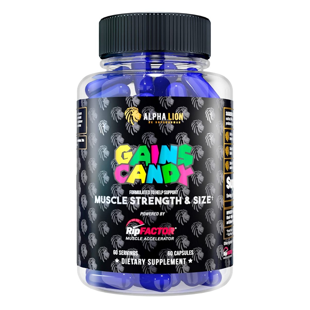 ALPHA LION Gains Candy, Supplement Pills for Muscle Growth, Size, & Strength, Nitric Oxide Booster, Muscle Builder, Use Daily to Upgrade Energy & Workout Performance, 60 Capsules (RipFACTOR®)