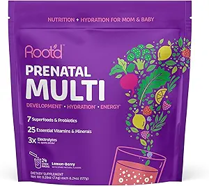 Root 'd Prenatal Multivitamin Powder - 25 vitaminer og mineraler med 3x Elektrolyter, Folate, Jern, D3 for mor & baby, 7 Superfood & Probiotika, Sugar- Free Vitamin & Hydration Medic124; 30 Vitamin Drikkepakker