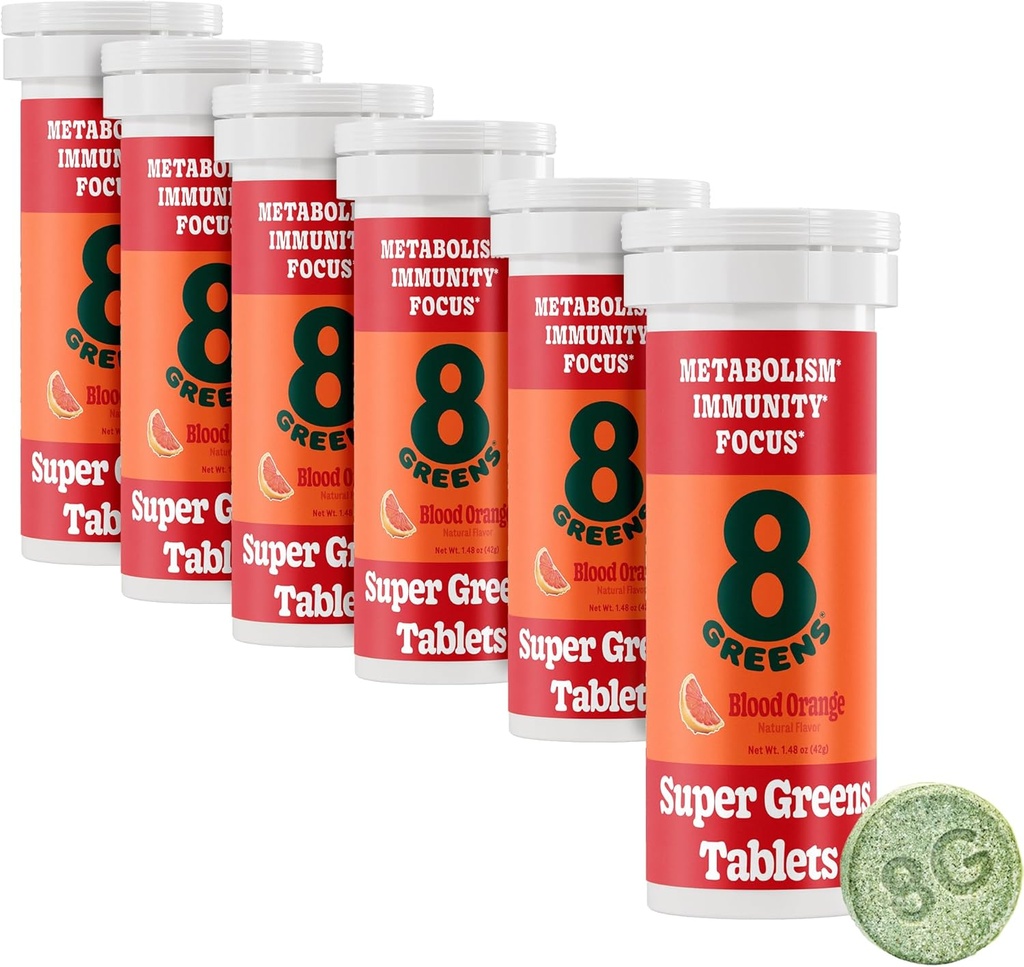 8Greens Supergreens Tablets Б124; Super Green Powder Superfood Tablet, Metabolisme Immunitet & Focus, Daily Green Effervescent Tablets, Organic: Aloe Vera, Spirulina, Chlorella, Blood Orange, 60 Servere