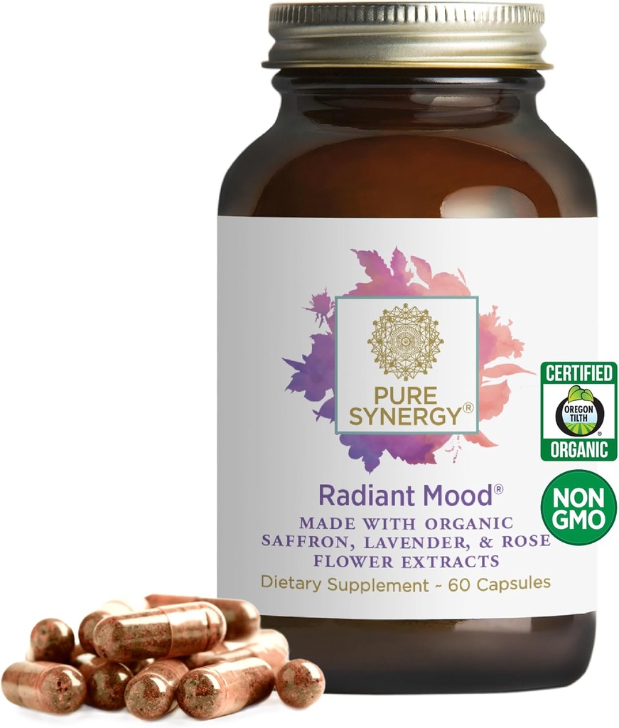 Pure Synergy Radiant Mood Meod 124; Natural Mood and Sleep Supplement med Økologisk Saffron 124; med Saffron, Lemon Balm, og Magnolia Bark Shuk 124; til søvn, og Stress Support (60 kapsler)