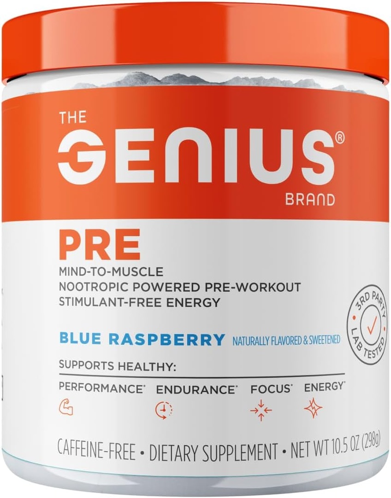 The Genius Brand Genius Pre - Clean Pre-Workout Powder for Energy, Focus & Fitness Support - No Artificial Flavors, Preservatives, or Proprietary Blends - Non-GMO - 20 Servings - Blue Raspberry
