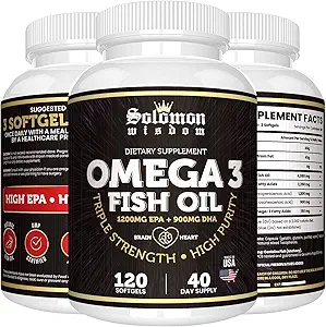 SOLOMON WISDOM Omega 3 Fish Oil - Kosttilskud til sundt hjerte & hjerne - 120 Soft Gel kapsler med høj EPA 1200mg & DHA 900mg - Burpless, Odorless med Natural Lemon Flavor