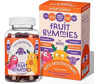 Naked Nutrition Kids Vitamin Gummier, Made in USA, GMO Free, Gluten- Free, Gelatine Free, Vegan, Kids Vitamin A, C, D, E, B6, B12, Zink, 3 Fruit Flavors, 30 Day Supply