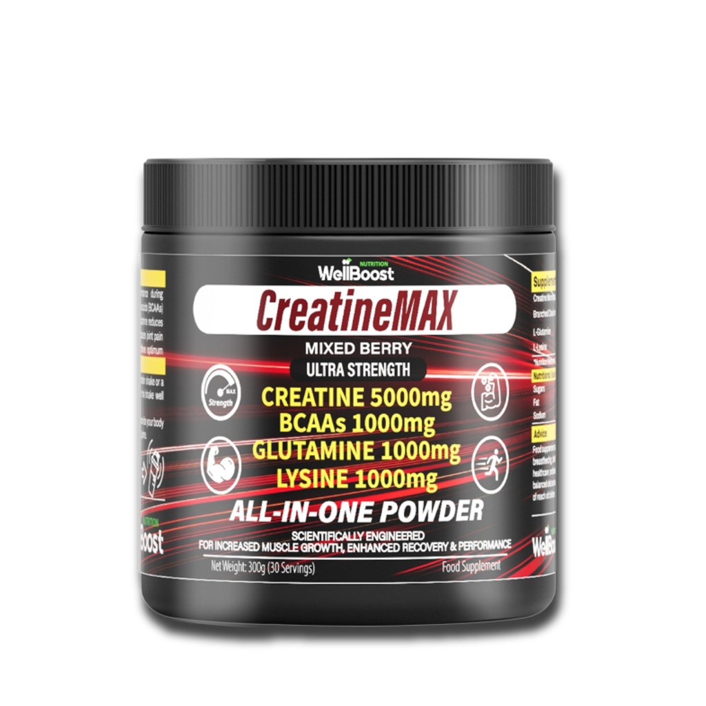 WellBoost CreatineMAX Powder - 5000mg Creatine Monohydrate, 1000mg BCAAs, Glutamine, Lysine per Serving - Sugar Free, Mixed Berry Flavour - Lean Muscle, Recovery & Endurance (300g, 1 Month Supply)