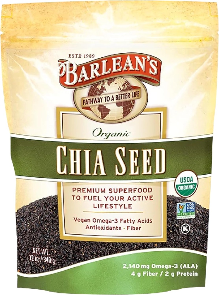 Barlean 's Organic Chia Frø med 2,140 mg Omega 3 Fedtsyrer, Fiber supplement til hele chia frø til smoothies, ikke-GMO certificeret, 12 oz