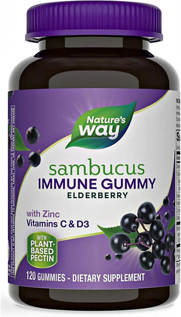 Nature + Way Sambucus Elderberry Gummies, med C-vitamin, D-vitamin og zink, immunforsvar for børn og voksne, 120 Gummies