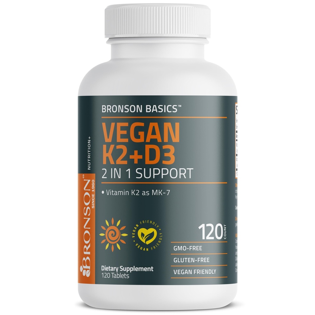 Bronson Vegan Vitamin K2+D3 2 in 1 Support Vitamin K2 as MK-7, 120 Tablets