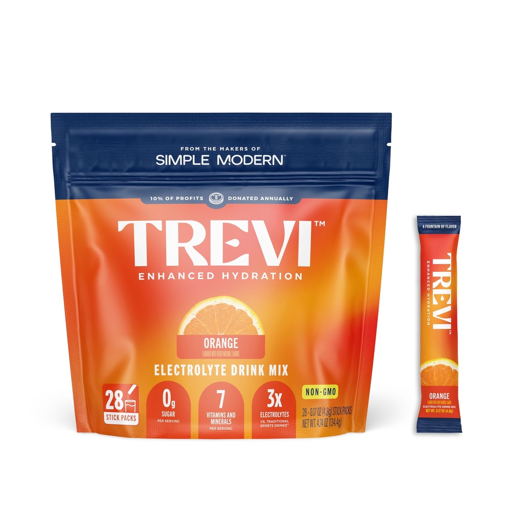 TREVI™ Everyday Sugar Free Electrolytes - Essential Drink Mix Hydration Powder Packets - 28 Count - Orange