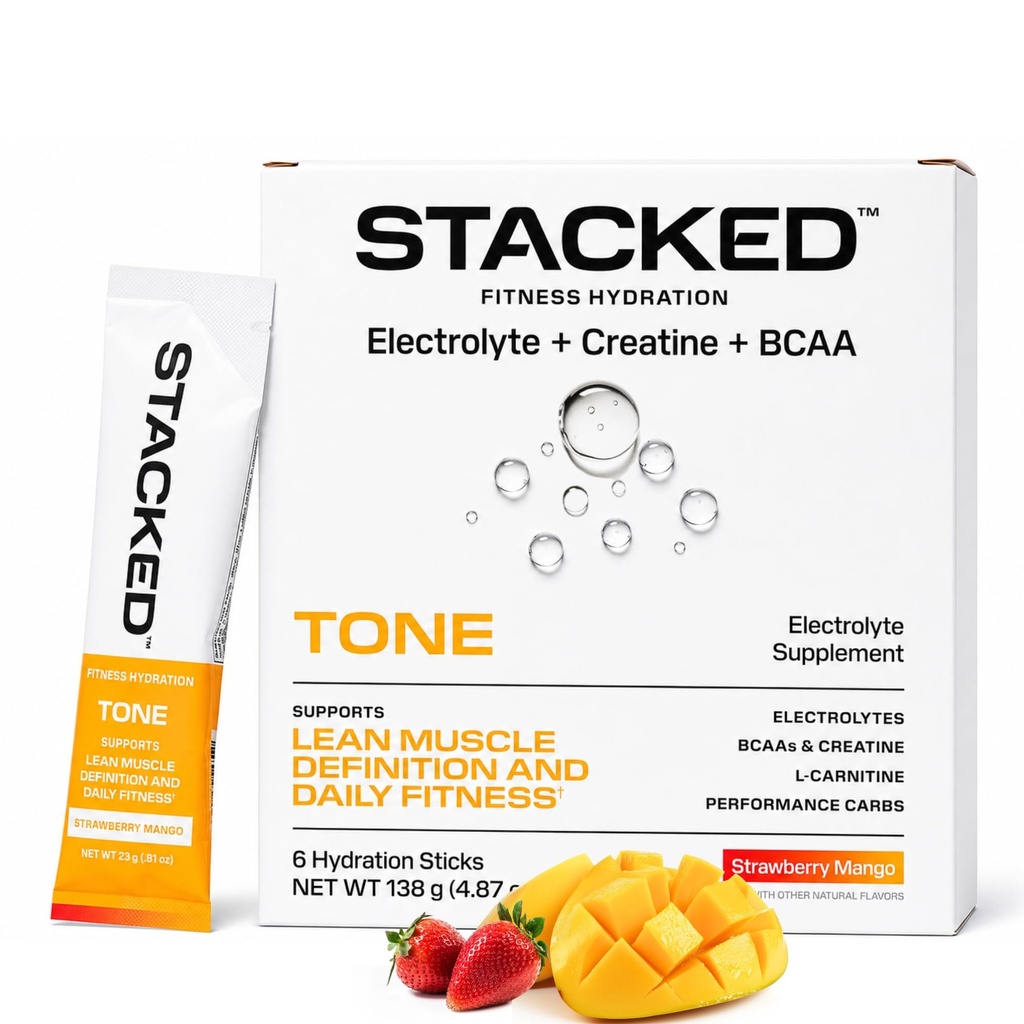 Electrolyte & Creatine + BCAA Packets | Supports Hydration & Muscle Recovery + Vitamin Blend & L-Carnitine | Natural Flavors Strawberry Mango (6 Pack) Stacked Hydration