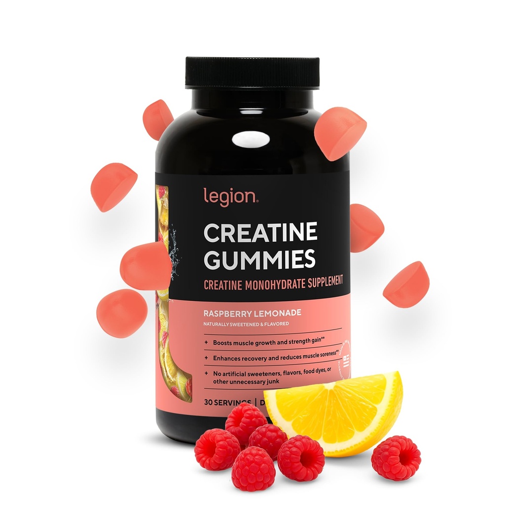 LEGION Creatine Monohydrate Gummies for Men & Women – Clean Chewable Creatine Supplement for Strength, Endurance & Muscle Recovery – 30 Sour Raspberry Lemonade Servings – No Artificial Flavors