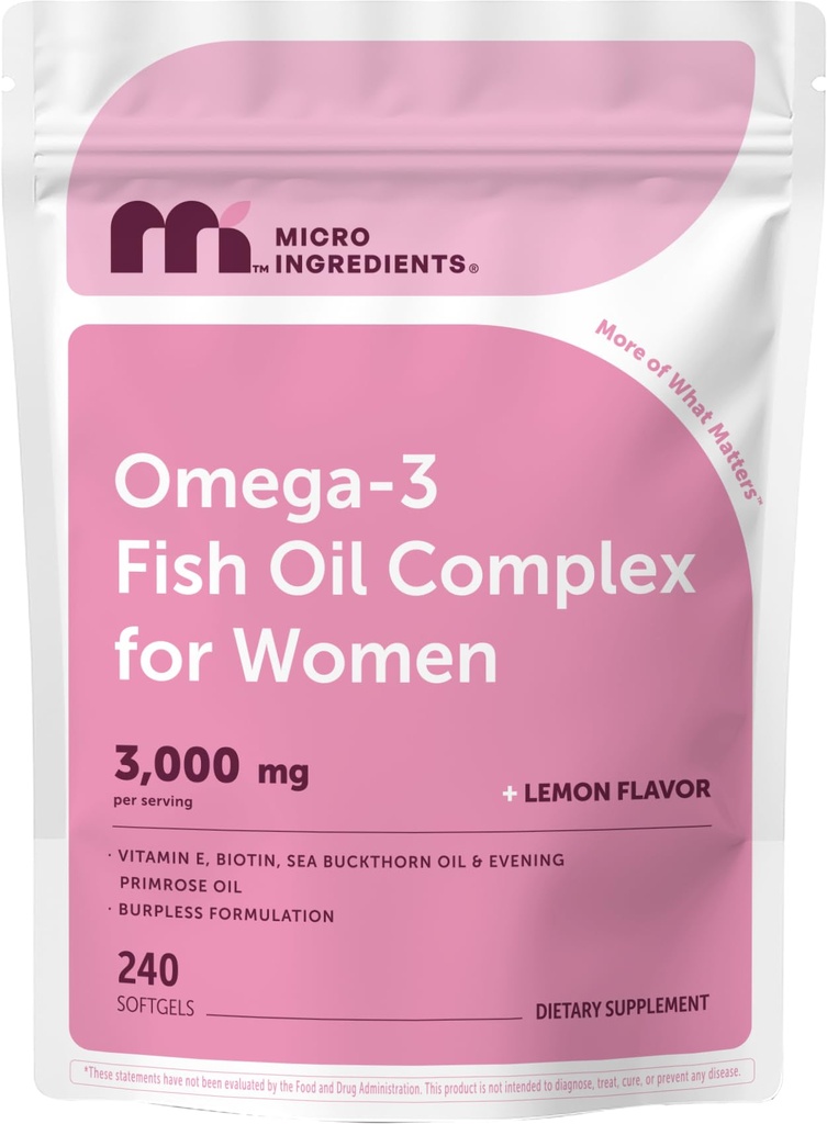 Micro Ingredients Omega-3 Fish Oil Complex for Women, 240 Softgels | EPA DHA + Omega-7 | with Vitamin E, Evening Primrose Oil, Biotin, Sea Buckthorn Oil | Lemon Flavor | Non-GMO, Gluten Free