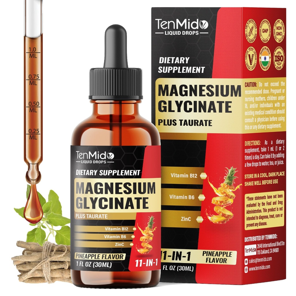 11in1 Magnesium Glycinate Liquid Drops with Taurate, Citrate, Ashwagandha, Bromelain, Marshmallow Root, L-Theanine, Passion Flower, and More - 30ml 1 Fl Oz