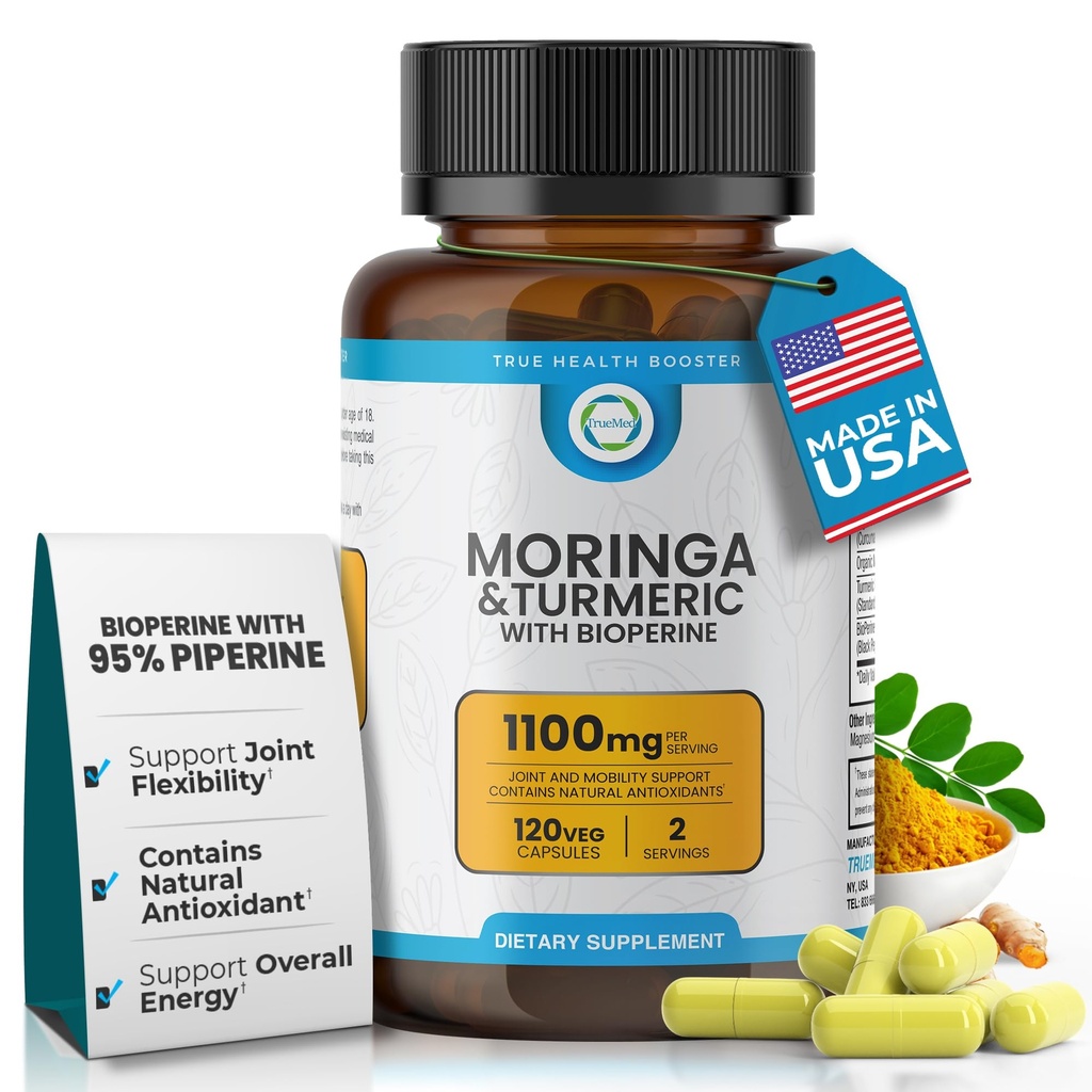 Moringa & Turmeric with BioPerine 10mg 95% Piperine – 1100 MG Joint Support Supplement with 95% Curcuminoids, 120 Vegan Capsules, USA-Made, GMP & UL-Certified