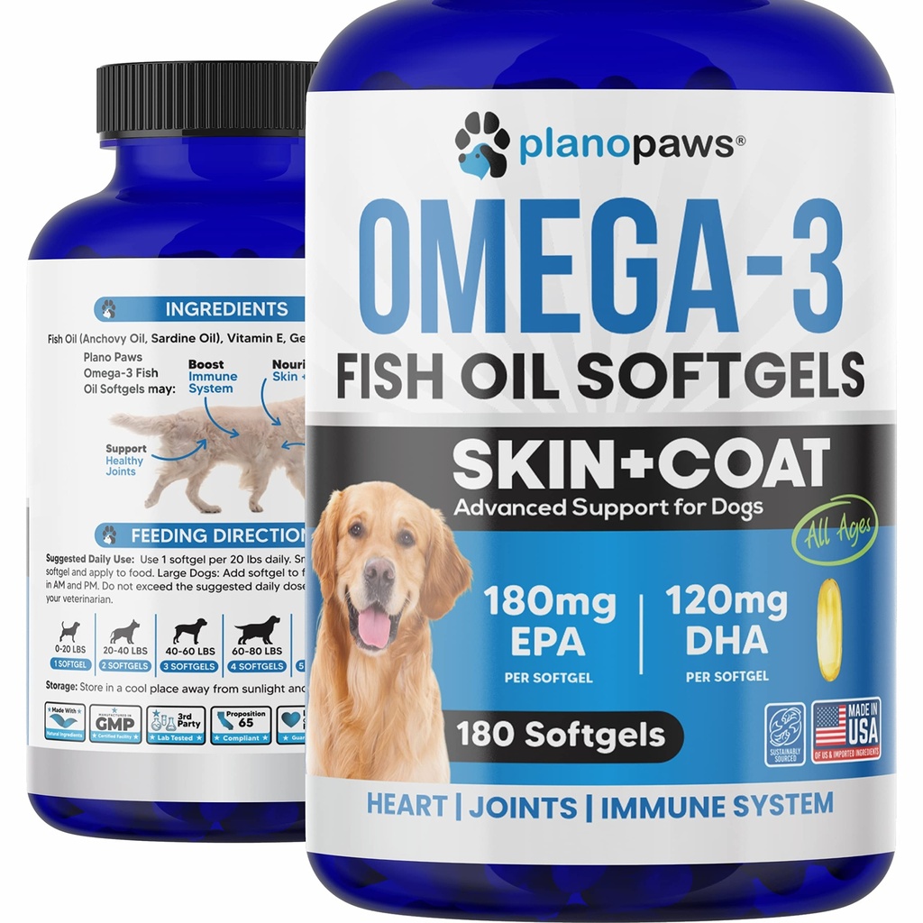 Omega 3 Fish Oil for Dogs Capsules - Salmon Oil for Dogs - Hundeolie supplement kan hjælpe med at afgive, Allergi, Kløe - Support Dry Skin, Joints - Hundehud og Coat Supplement - 180 Fish Oil Pills