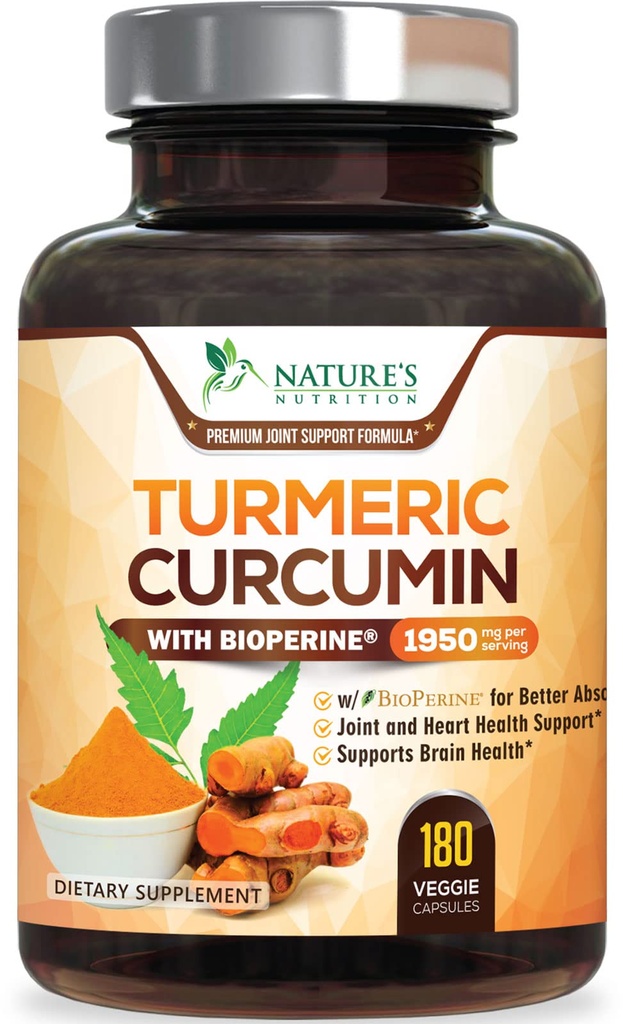 Gurkemeje Supplement 1950mg - 95% Curcuminoider med Økologisk gurkemeje & BioPerine Black Pepper Extract for Best Absorption, Nature 's Vegan Joint Support, Non- GMO, Flasket i USA - 180 Kapsler