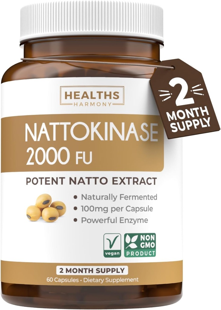 Healths Harmony Natokinase 2000 FU (non-GMO) Kraftfuld Natokinase supplement fremstillet af naturligt fermenterede sojabønner - (2 måneders forsyning) 60 Vegan Nato kapsler