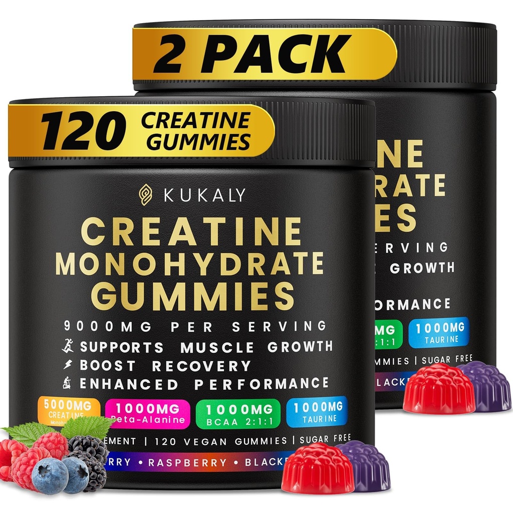Creatine Monohydrate Gummies for Men & Women, 9000MG Creatine Gummies Sugar Free Mixed Flavored with L-Taurine, BCAA 2:1, B12 B6 for Boost Strength, Focus & Endurance, Vegan, Non-GMO, 2 Bottle