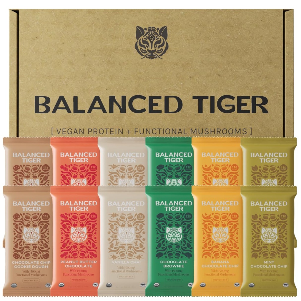 Balanced Tiger Vegan Protein Bars | Plant Based Protein Bars w/Functional Mushrooms - Lions Mane, Shitake, Reishi & Maitake | 12 Bars Variety Box