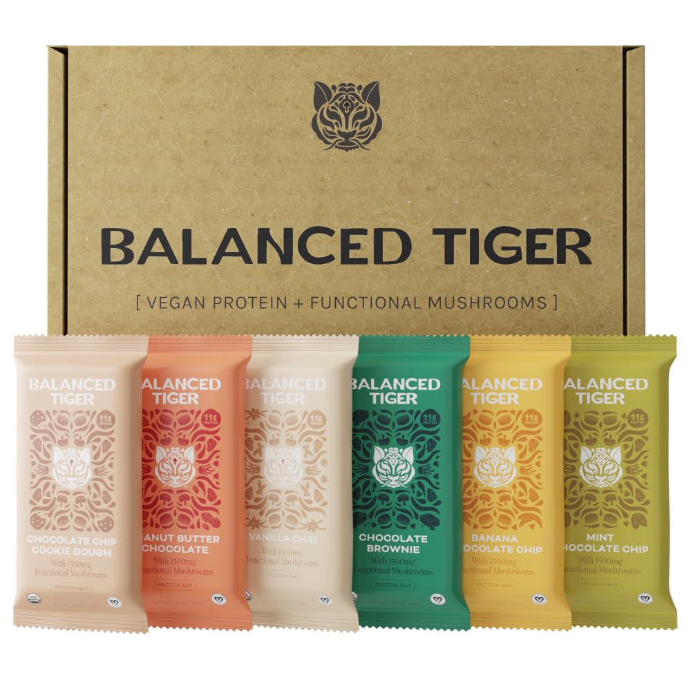 Balanced Tiger Vegan Protein Bars | Plant Based Protein Bars w/Functional Mushrooms - Lions Mane, Shitake, Reishi & Maitake | 6 Bars Sampler Pack