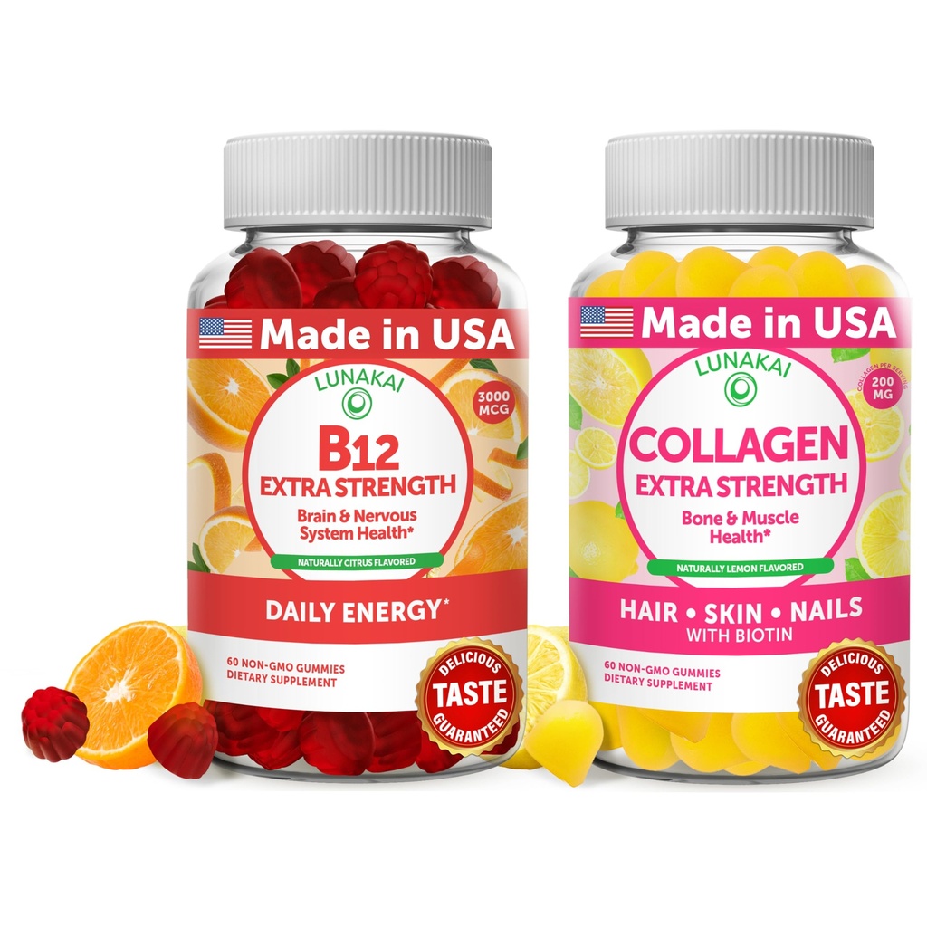 Lunakai Vitamin B12 og Collagen Gummies Bundle - 3000 mcg methylcobalamin Høj Absorption Energy Gummies - Non-GMO Anti Aging Kosttilskud til mænd og kvinder - 30 dages forsyning