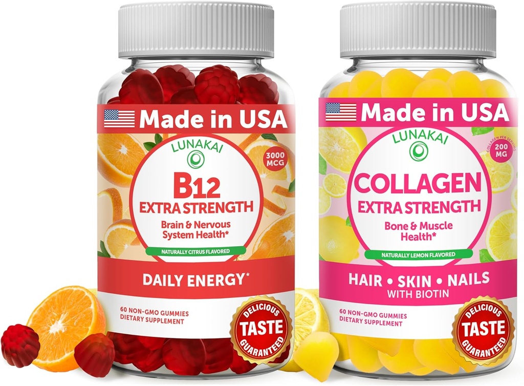Lunakai Vitamin B12 og Collagen Gummies Bundle - 3000 mcg methylcobalamin Høj Absorption Energy Gummies - Non-GMO Anti Aging Kosttilskud til mænd og kvinder - 30 dages forsyning
