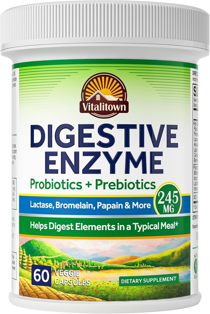 Vitalitown fordøjelsesmiddel Enzyme I 124; 3- in-1 Formel I 124; Probiotika + Prebiotika I 124; 60 Veg Caps I 124; 245 mg I 124; Seven Key Enzymes I 124; Bromelain, Lactase I 124; til fordøjelse I 124; Vegan, Non- GMO