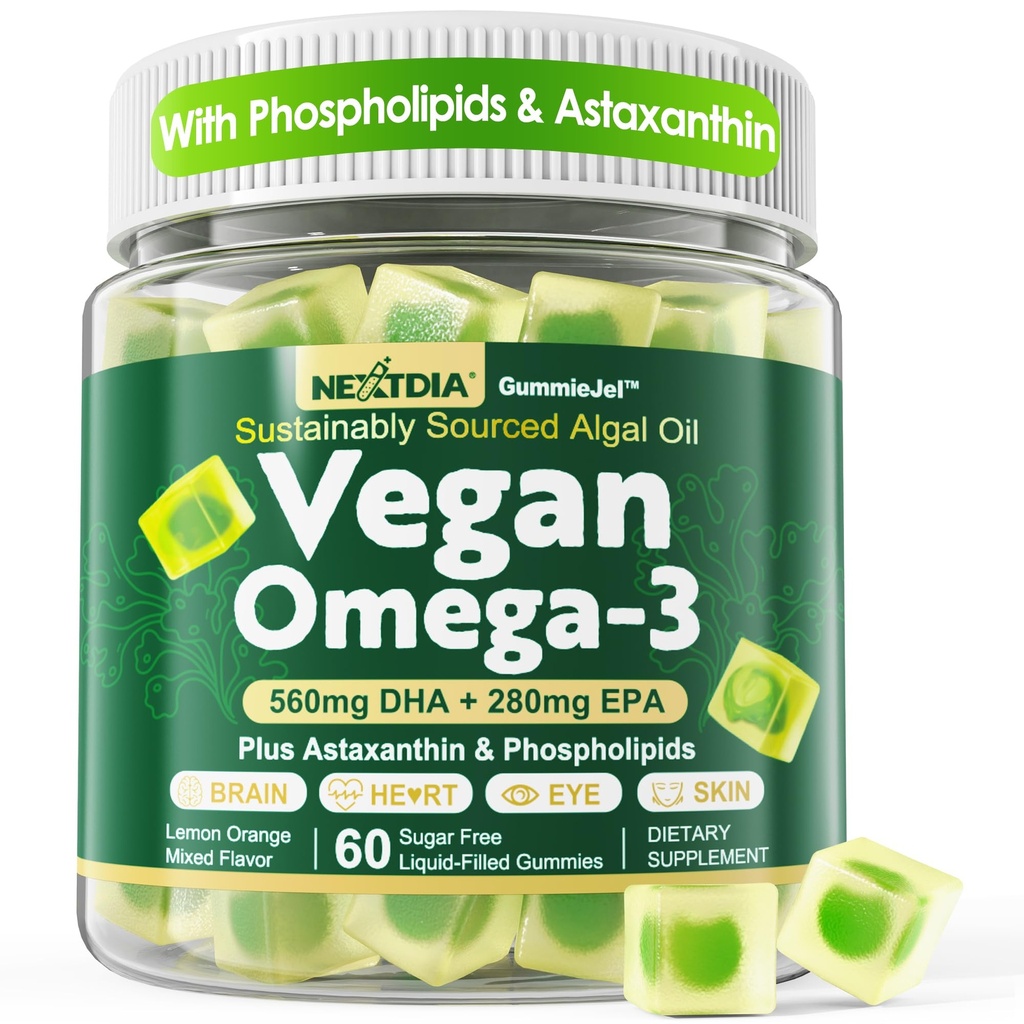 Vegansk Omega 3 Gummies + Phospholipider, Astaxanthin, Vitamin D3, DHA 560mg & EPA 280mg, Fish- Free Algaes Omega 3 Supplement for voksne & børn til hjerne, øje, hud og samlet sundhed, sukker fri, 60 Cts