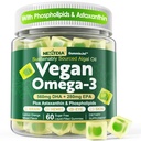 Vegansk Omega 3 Gummies + Phospholipider, Astaxanthin, Vitamin D3, DHA 560mg & EPA 280mg, Fish- Free Algaes Omega 3 Supplement for voksne & børn til hjerne, øje, hud og samlet sundhed, sukker fri, 60 Cts