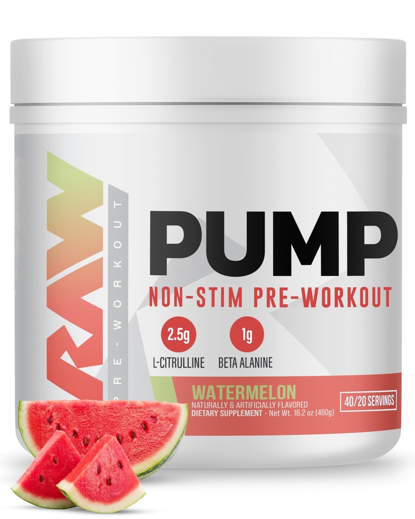 RAW Pump Stim Gratis Pre Workout (Watermelon) - Non- Stimulant Pre Workout supplement Pulver Nitrogenoxid Booster - Pre Workout Kosttilskud drikke til under træning - 40 Servere