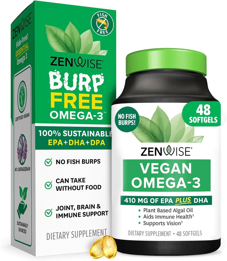 Zenwise Health Vegan Omega 3 Supplement - Burpless Omega 3 Supplement with DHA, EPA & DPA Fatty Acids for Immune Health - Fish Oil Alternative from Sustainably Sourced Marine Algae Oil - 48 Softgels