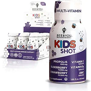 BEE og du Kids Immunitet Support, 100% Natural Propolis, C-vitamin, Elderberry, Raw Honey, Antioxidanter, Alternativ til Gummies, Great Taste, 12 Pack, 1,69 fl. oz Hver