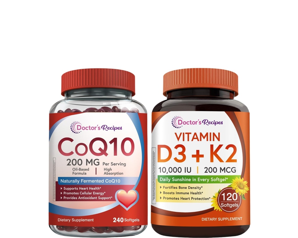 Doctor's Recipes CoQ10 200mg Softgels & Vitamin D3 K2 Softgels Bundle, Coq10 240ct for Heart Heath, Vitamin D3 K2 120ct for Immune and Bone Health Support