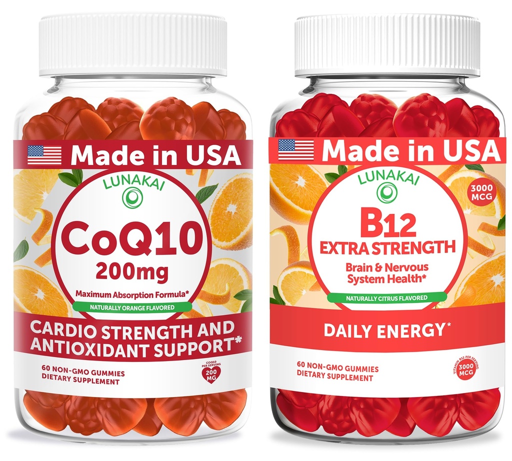 Lunakai USA Made CoQ10 200mg + B12 Extra Strength 3000mcg Gummies Bundle – Naturally Flavored, Non-GMO – 60ct Each