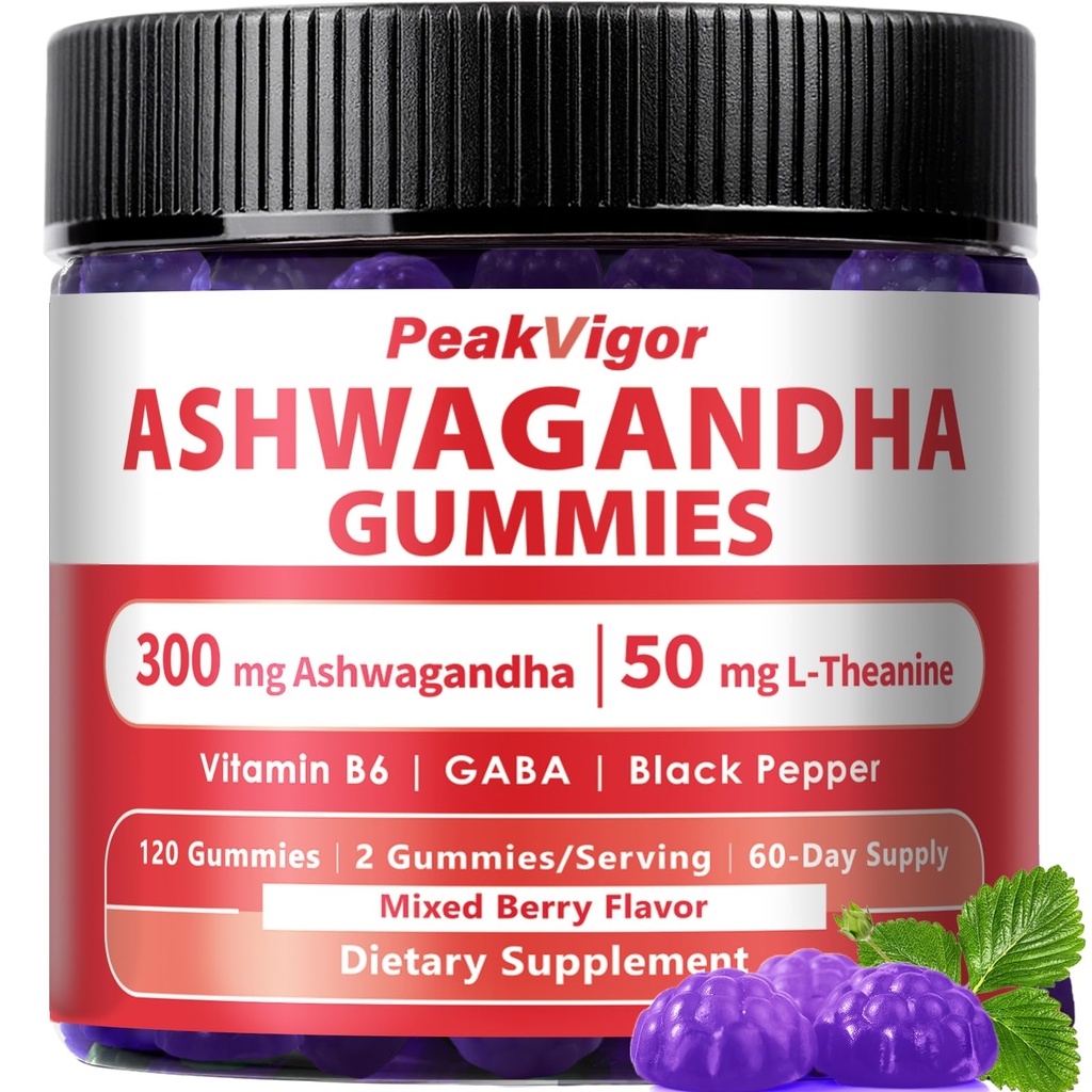 Ashwagandha Gummies 300mg + L-Theanine 50mg, GABA & Vitamin B6 – Plant-Based Mixed Berry Formula with Black Pepper – 120 Count, 60-Day Supply, Non-GMO