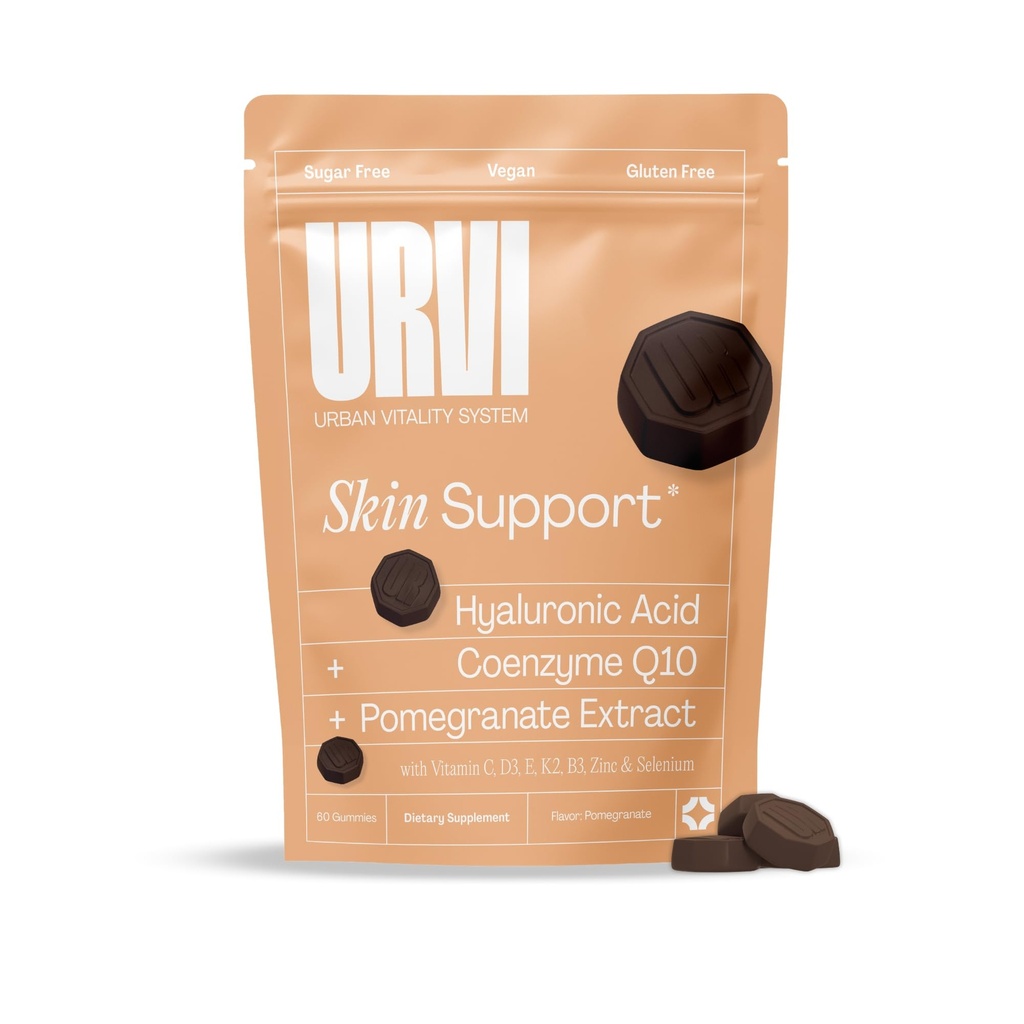 URVI 10-in-1 Skin Gummies Hyaluronic Acid, Coenzyme Q10, Pomegranate Extract + 7 Vitamins & Minerals Skin Health & Anti-Aging Vegan, Sugar Free, Gluten Free Pomegranate Flavor, 60 Count