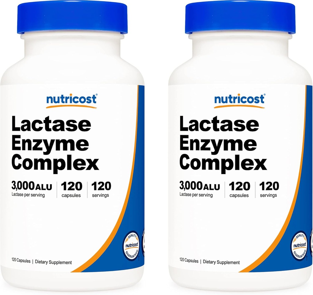 Nutricost Lactase Enzyme Complex 3.000 FCC ALU, 120 Veggie Capsules - Non-GMO, Gluten Free, 120 Servere (2 flasker)