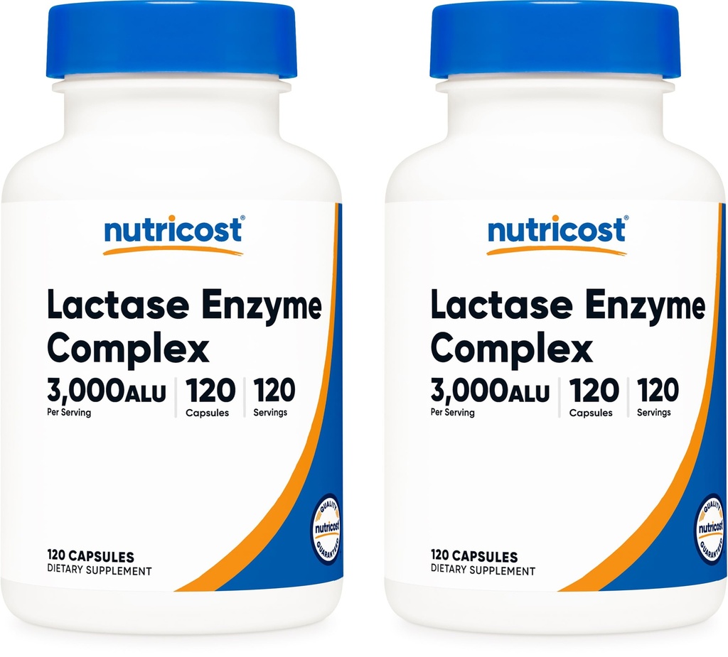Nutricost Lactase Enzyme Complex 3.000 FCC ALU, 120 Veggie Capsules - Non-GMO, Gluten Free, 120 Servere (2 flasker)