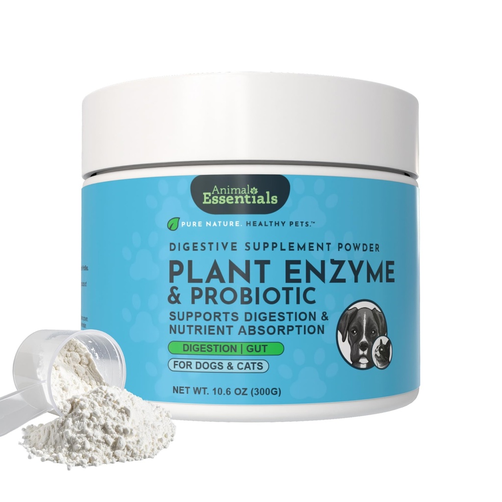 Animal Essentials Plant Enzyme & Probiotika - fordøjelsesenzymer til hunde og katte, Probiotika, fordøjelsestilskud, dyrlæge Anbefalet - 10.6 Oz