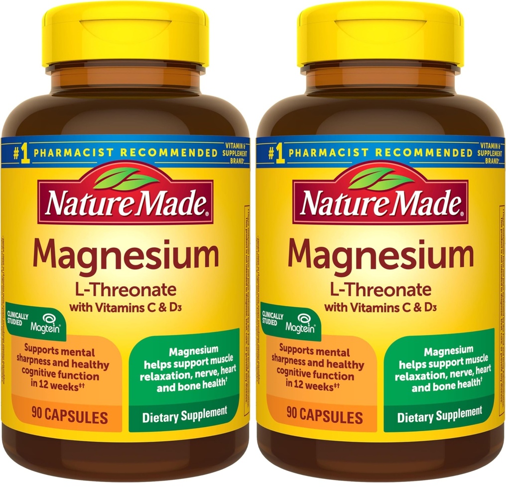 Nature Made Magnesium L-Threonate with Vitamin C & Vitamin D3, Provides 130 mg of Mag from 1800 mg Magnesium L Threonate, Cognitive Support Magnesium-Supplement, 90 Capsules, 30 Day Supply,(Pack of 2)