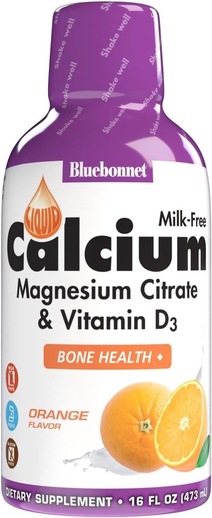 Bluebonnet Nutrition Liquid Calcium Citrat Magnesium Citrat, Vitamin D3, Bone Health, Gluten Free, Soy fri, mælk fri, kosher, 16 Fl Oz, 32 Servering, Orange Flavor, 16 Fl Oz (pakke med 1)