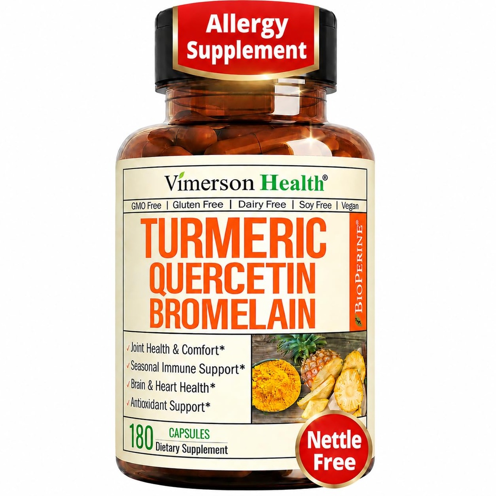 Quercetin med bromelain Gurkemeje supplement - Allergi Relief, Fælles & immunstøtte - Økologisk gurkemeje tillæg med sort peber (Bioperine) - 180 Quercetin 500 mg kapsler