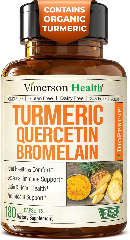 Quercetin med bromelain Gurkemeje supplement - Allergi Relief, Fælles & immunstøtte - Økologisk gurkemeje tillæg med sort peber (Bioperine) - 180 Quercetin 500 mg kapsler